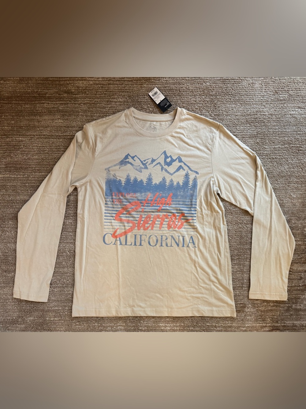 Cream Long-Sleeve Graphic Tee with Blue and Coral Print - Men’s Size Medium NWT